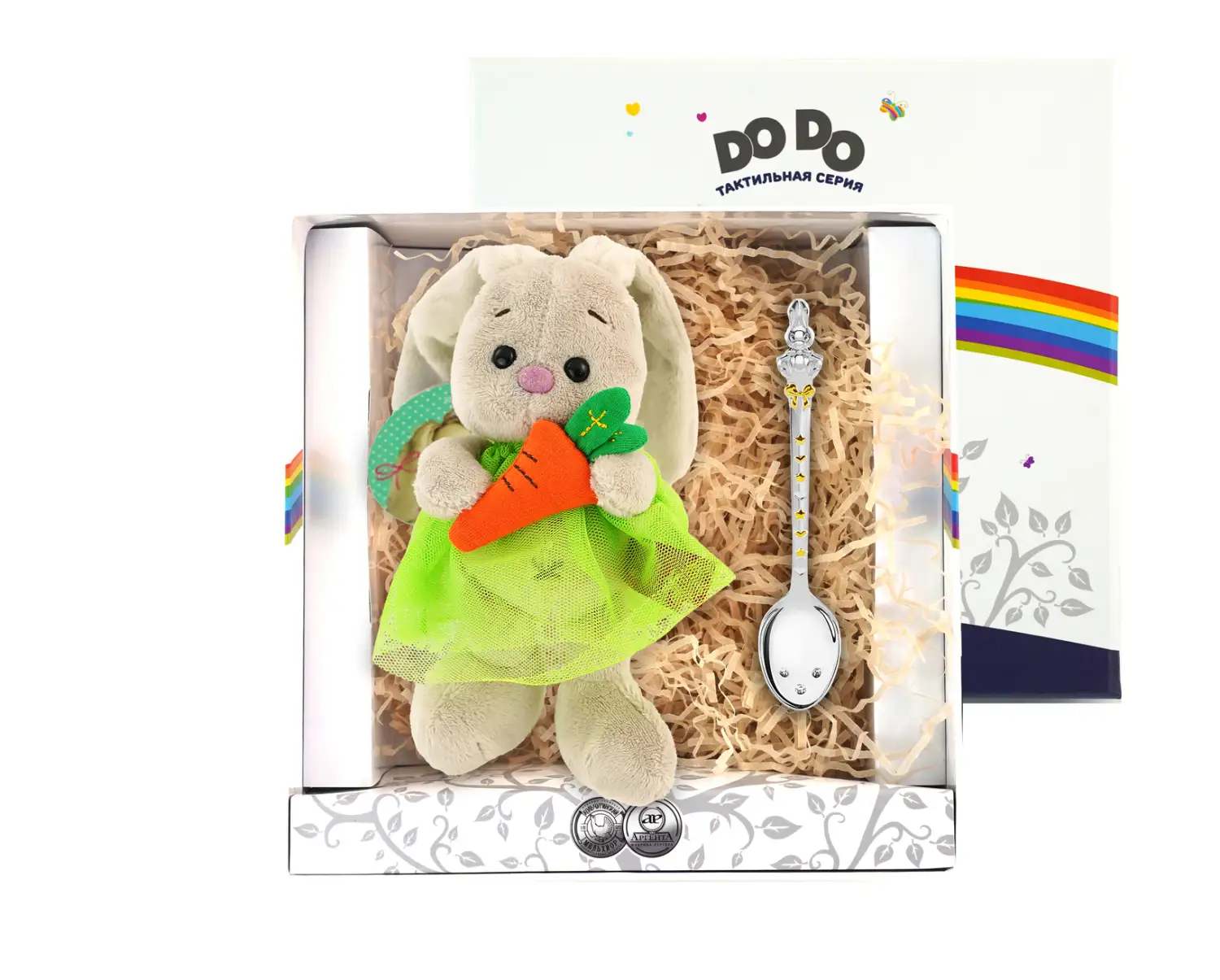 Изображение Набор для малышей DODO "Зайка" ( брелок Зайка Ми зел.пл. с морк.+ лож. Зайка ч/п) (Серебро 925)